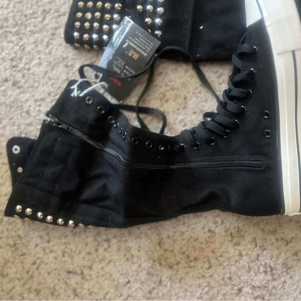 Women 7.5 Canvas Dance black Boots Knee High Bicycling Boots Shoes Black Rivets
